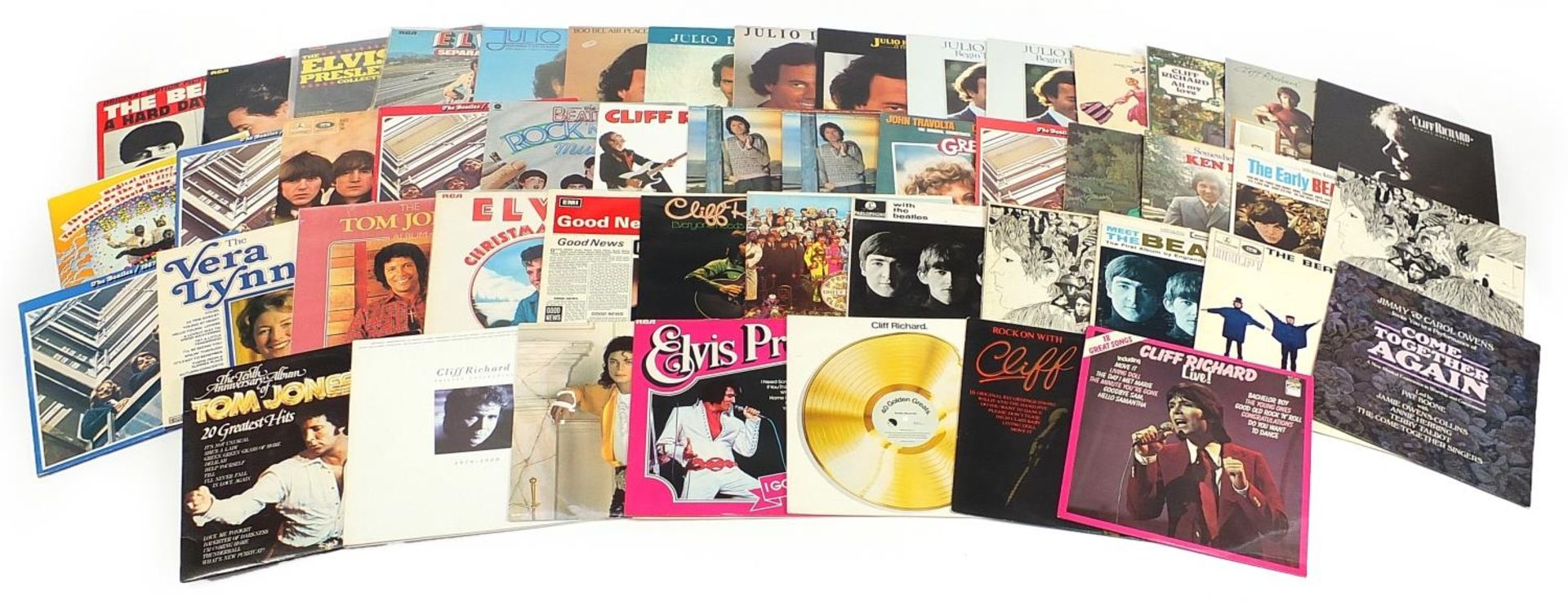 Vinyl LP records including The Beatles, Elvis Presley, Cliff Richard and Tom Jones