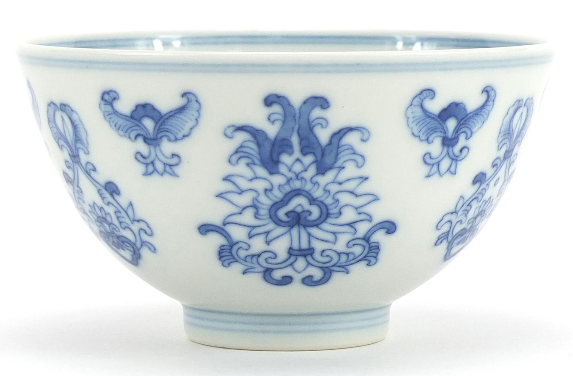 Chinese blue and white porcelain footed bowl hand painted with flowers, six figure character marks