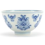 Chinese blue and white porcelain footed bowl hand painted with flowers, six figure character marks