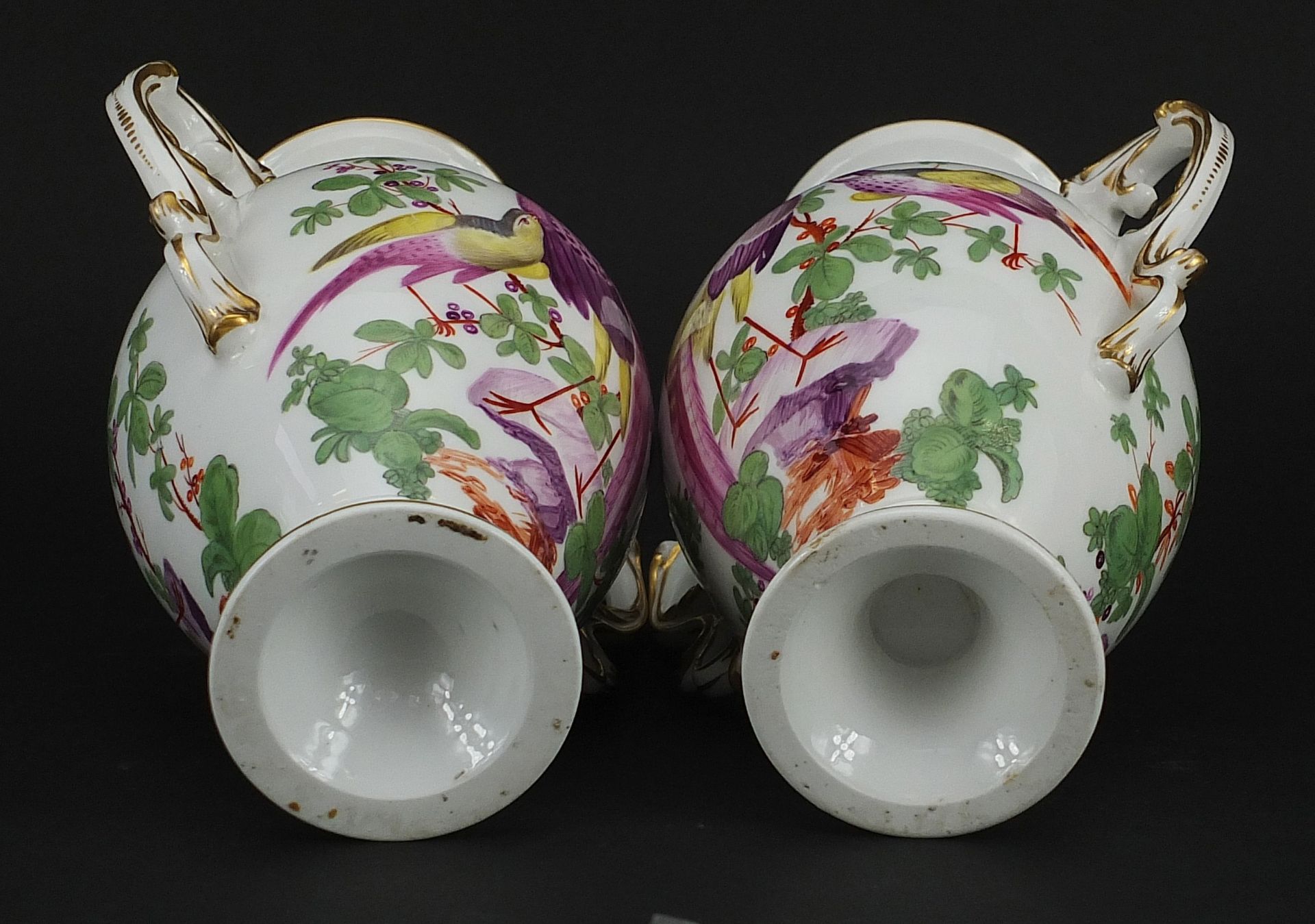 Pair of 19th century Chelsea style porcelain vases with twin handles, each hand painted with - Image 3 of 3