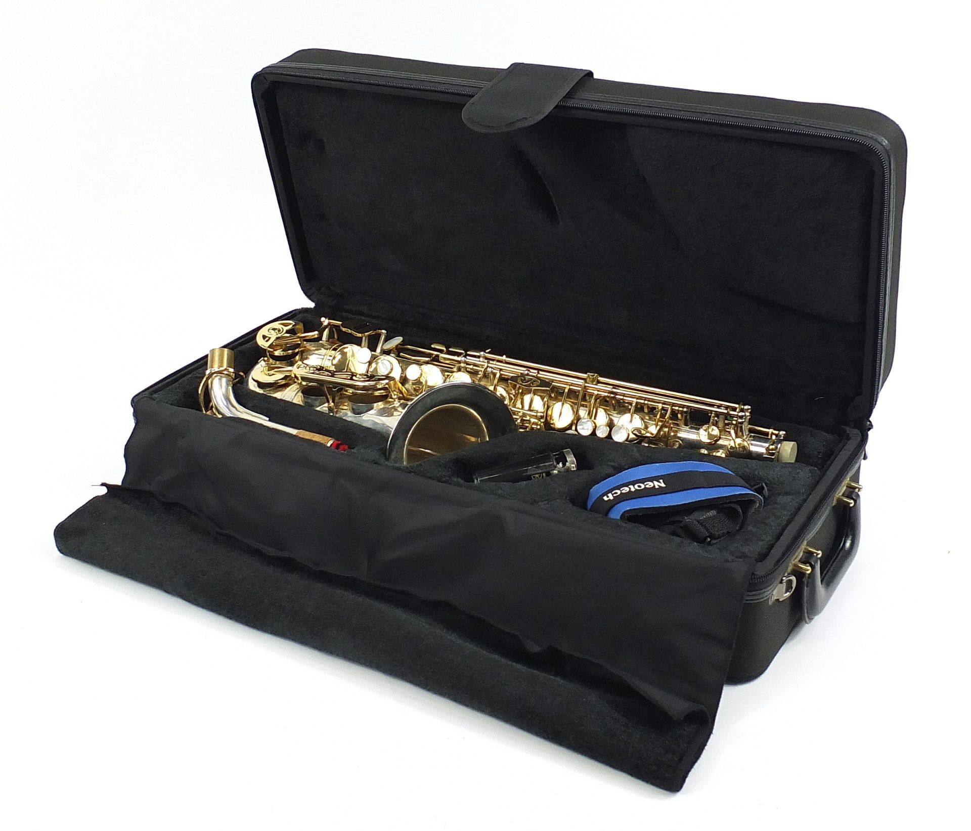 Liberty by Selmer chrome plated and brass alto saxophone with protective carry case and stand, - Image 6 of 7