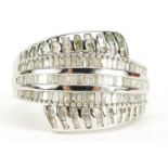 9ct white gold diamond crossover ring, size R/S, 4.9g