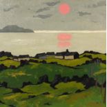 Manner of Kyffin Williams - Buildings before water at sunset, Welsh school oil on board, framed,