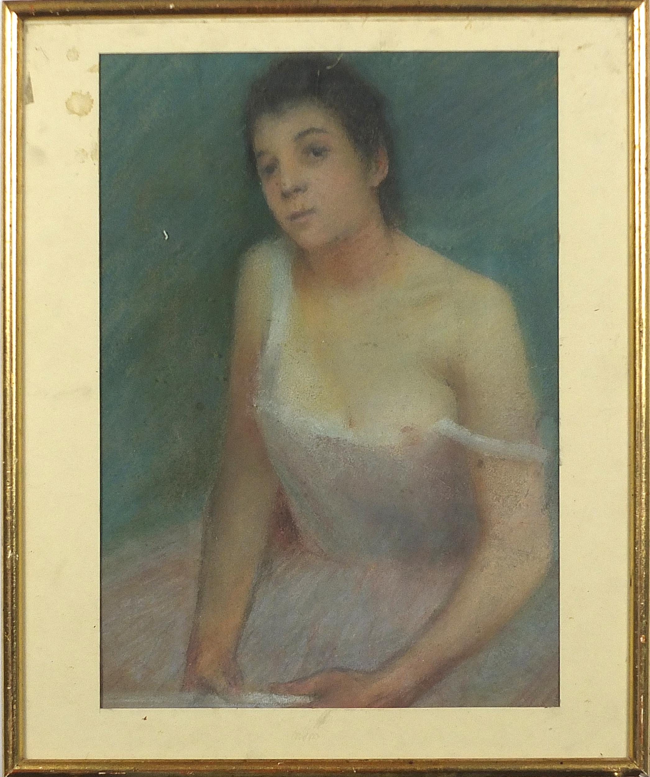 Top half portrait of a semi nude female, early 20th century French school pastel, label verso, - Bild 2 aus 4