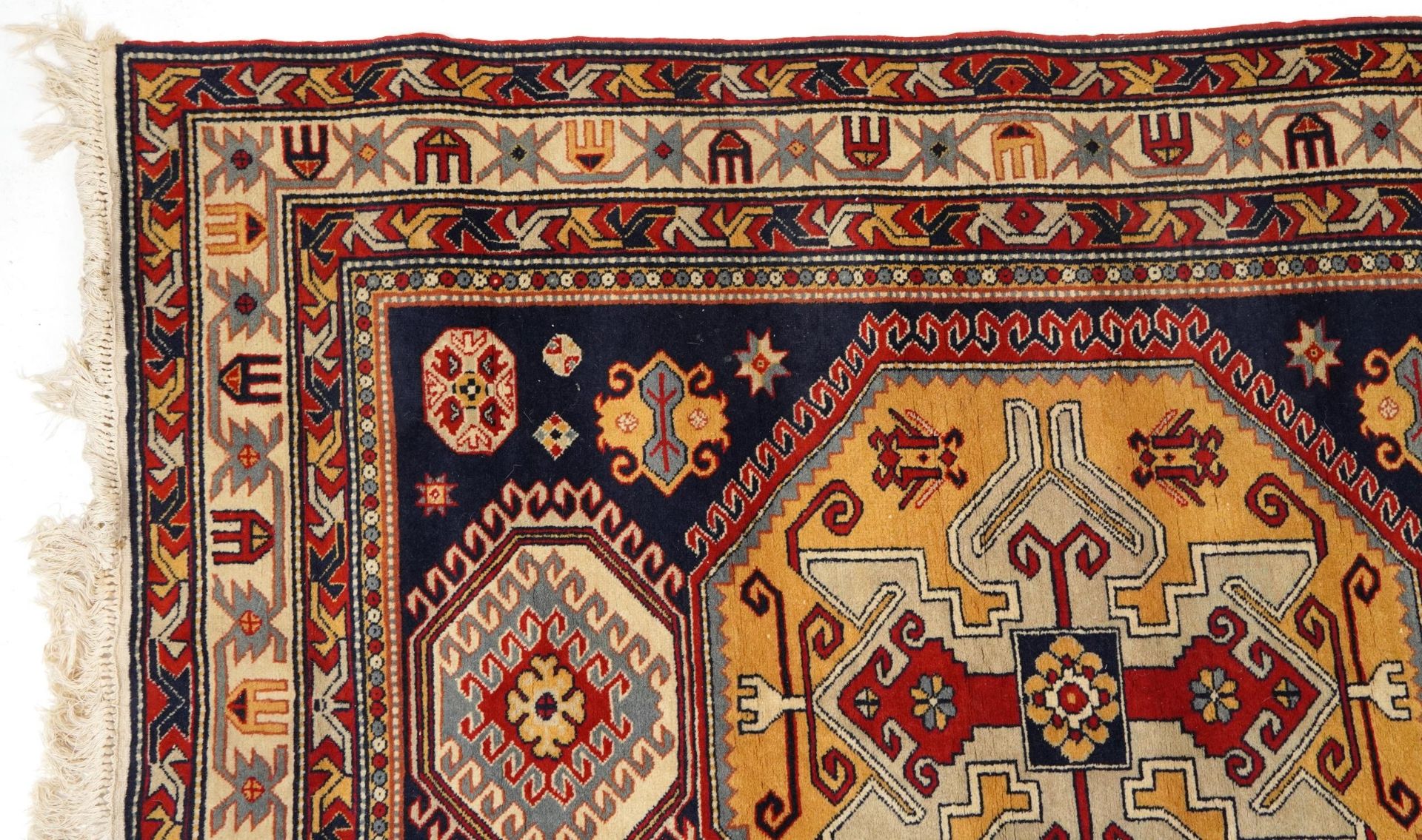 Rectangular Middle Eastern red and blue ground rug having an all over geometric design, 200cm x - Image 2 of 6