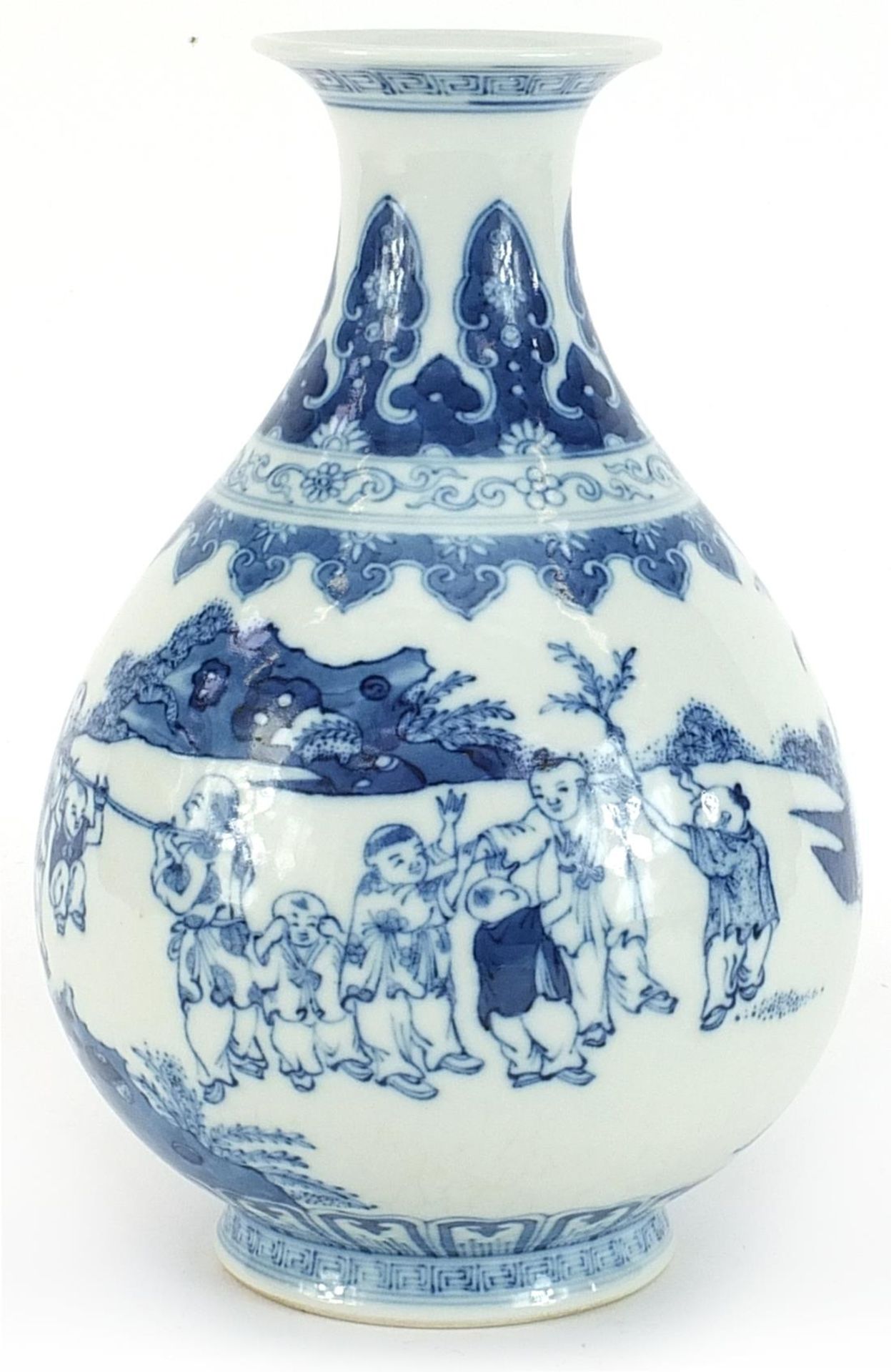 Chinese blue and white porcelain vase hand painted with children playing in a landscape, six