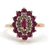 9ct gold ruby and diamond three tier ring, size P, 2.2g