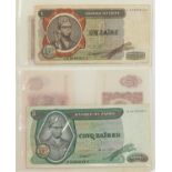 Collection of world banknotes arranged in an album including China and Brazil