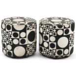 Pair of Johanson Design cylindrical stools with black and white geometric upholstery, 44cm high x
