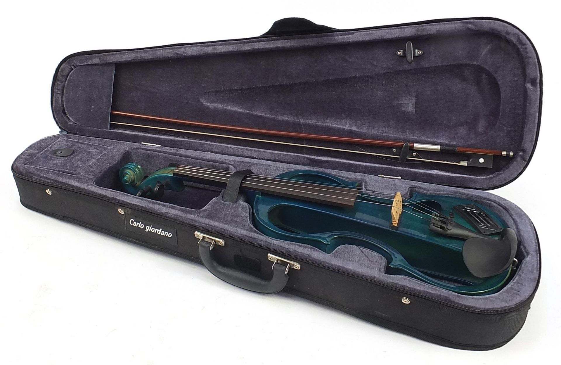 Carlo Giordano blue electric violin with bow and protective case, the violin back 14.5 inches in - Image 4 of 5