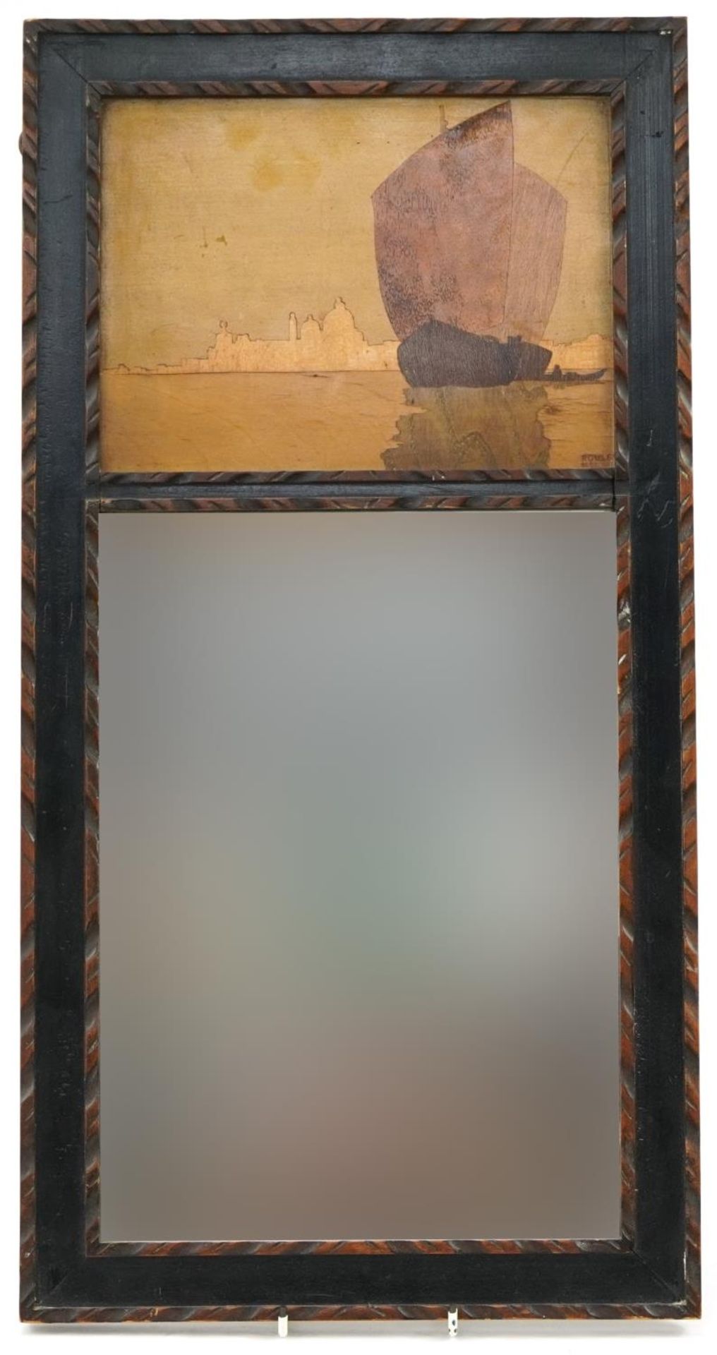 Rowley Gallery, Arts & Crafts rectangular wall mirror with wooden marquetry panel inlaid with a