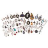 Large collection of silver and silver mounted pendants, some set with semi precious stones including