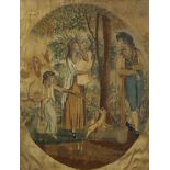 Four figures wearing Georgian dress with a dog before a landscape, 18th century watercolour and