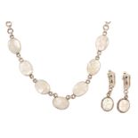 Silver cabochon moonstone necklace and pair of similar earrings, the backs stamped Trifari, the