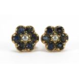 Pair of 9ct gold sapphire and pearl flower head earrings, 9mm in diameter, 1.6g