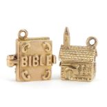 Two 9ct gold charms comprising church and bible, each 1.5cm high, total 5.0g