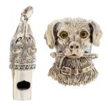 Sterling silver fox head whistle pendant and dog's head pendant brooch, the largest 4.5cm high,