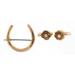 Antique 9ct gold horseshoe brooch and a pair of continental gold clear stone earrings, the brooch