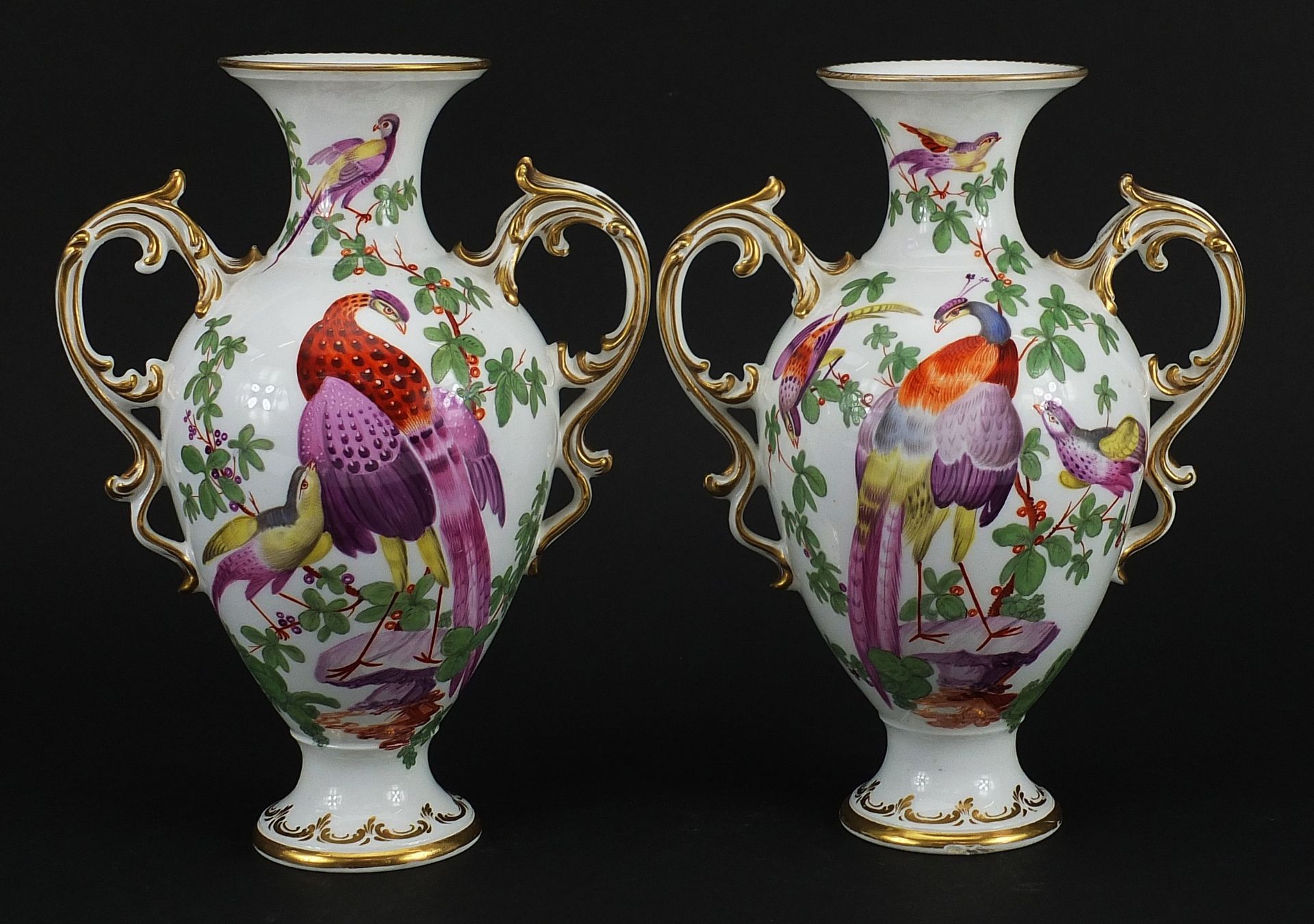Pair of 19th century Chelsea style porcelain vases with twin handles, each hand painted with - Image 2 of 3
