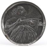 WMF, German Art Nouveau pewter tray embossed with a female violinist, impressed A.K & CIE to the