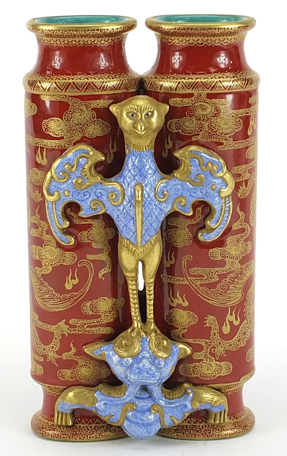 Chinese iron red porcelain conjoined vase decorated with mythical animals, gilded with dragons - Image 2 of 3