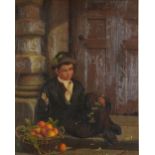 Seated beggar before a doorway, oil on canvas, indistinctly signed, chalk marks verso, mounted and