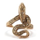 9ct gold serpent ring set with clear stones, size K, 4.4g