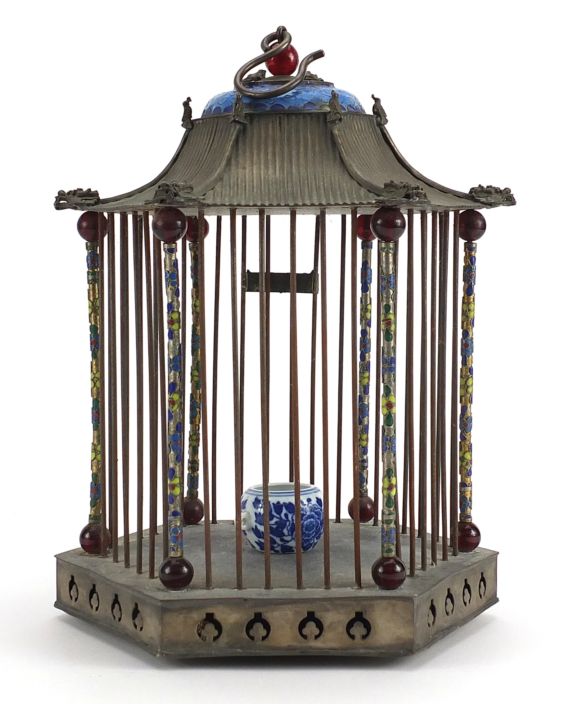 Chinese white metal and Champleve enamel hanging birdcage, 27cm high - Bild 2 aus 4