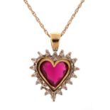 9ct gold diamond and red stone (tests as ruby) love heart pendant on a 10ct gold necklace, 1.7cm