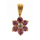 9ct gold diamond and pink sapphire flower head pendant, 1.4cm high, 0.7g
