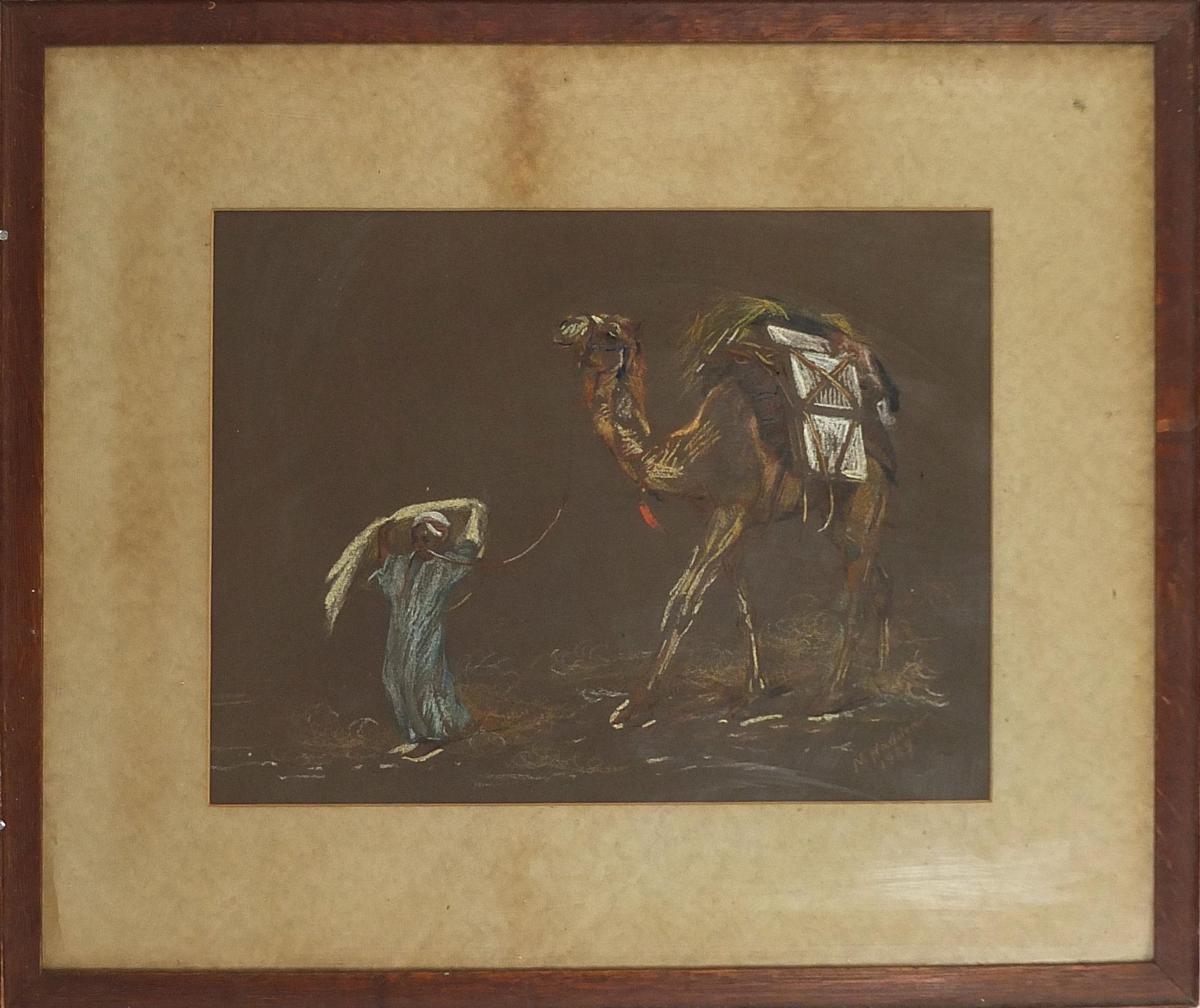 Nellie Hadden 1909 - Bedouin and camel, early 20th century pastel, mounted, framed and glazed 41.5cm - Image 2 of 3