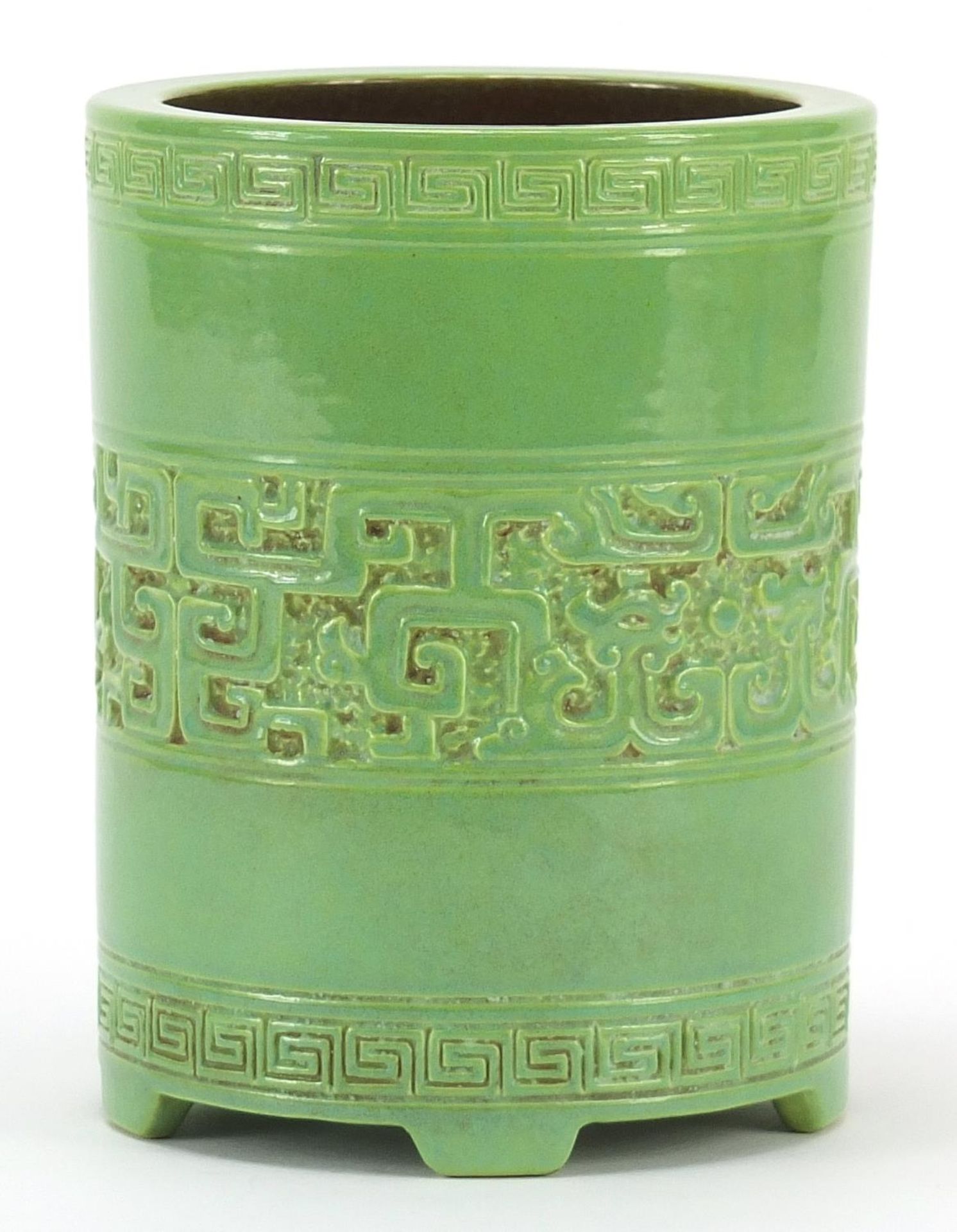 Chinese green glazed porcelain brush pot incised with archaic motifs and mythical animals, impressed - Image 2 of 4
