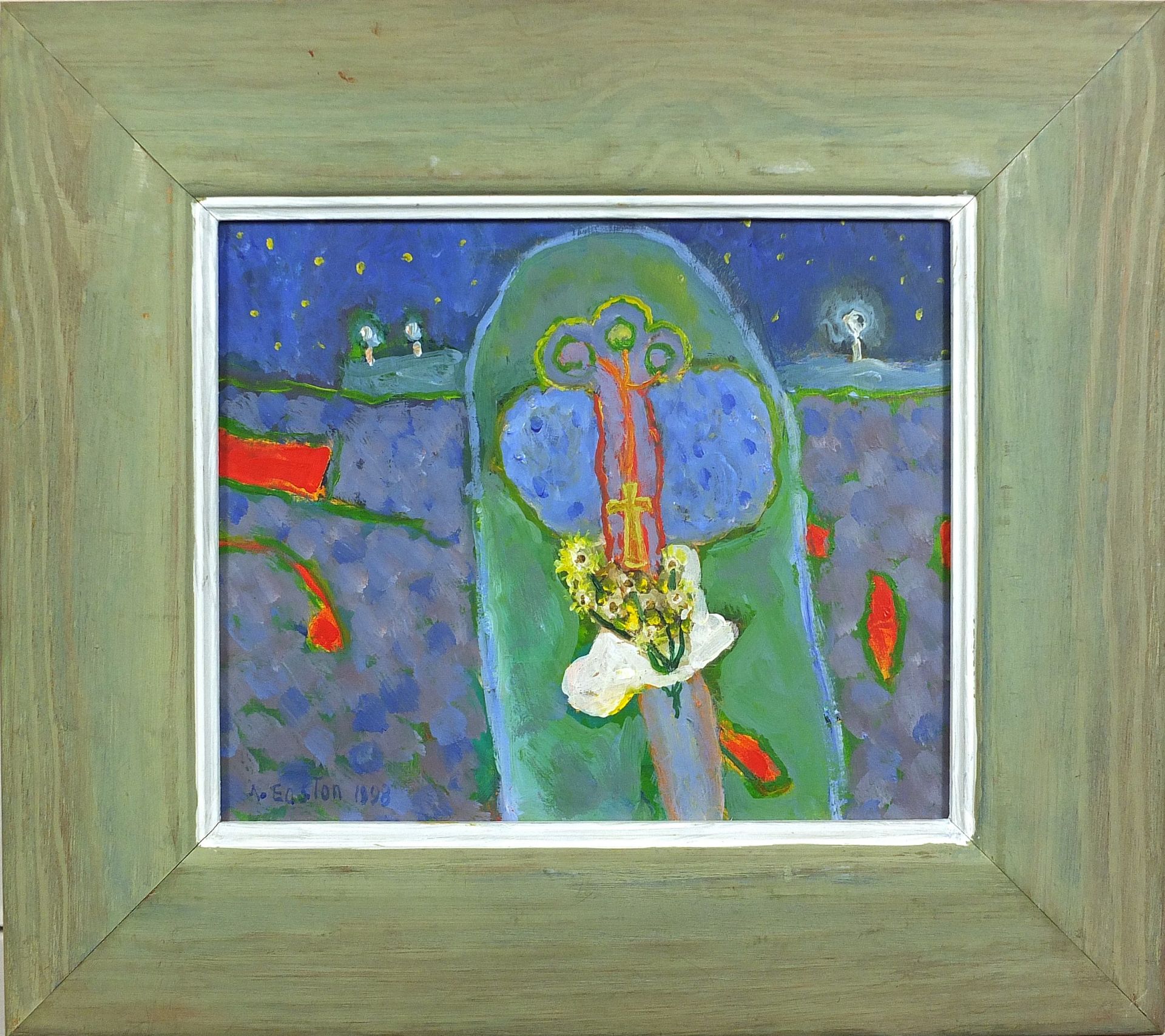 Arthur Easton 1998 - Sunset Newdigate, surreal oil on board, details verso, framed, 21.5cm x 18cm - Image 2 of 5