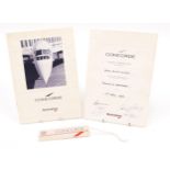 Concorde flight certificate Toronto to Heathrow 15th May 1993, with signatures of the Captain and