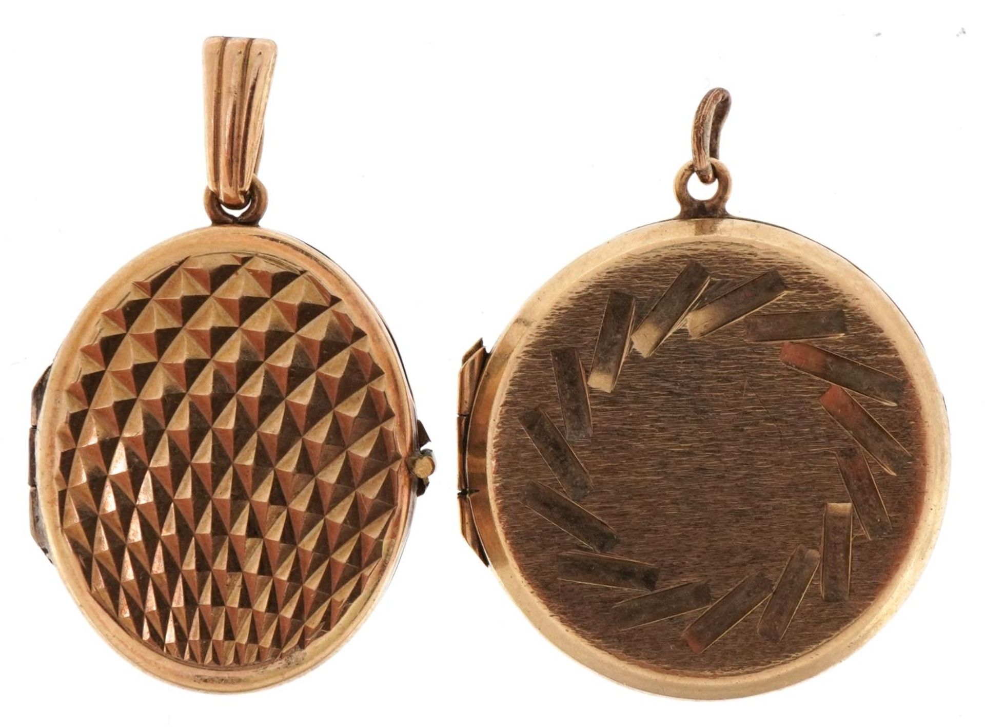 Two 9ct gold back and front lockets with engine turned decoration, the largest 2.8cm high, total 7.