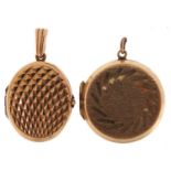 Two 9ct gold back and front lockets with engine turned decoration, the largest 2.8cm high, total 7.