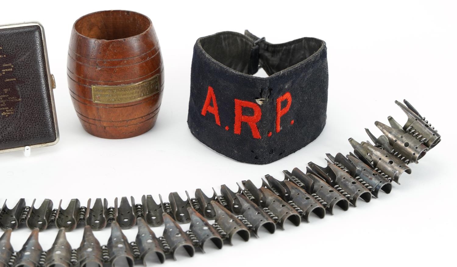 British military objects including an ARP armband and miniature barrel made from the teak of HMS - Bild 3 aus 3