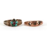 Two Victorian 9ct rose gold rings, one set with turquoise stones, sizes F and H, 1.7g