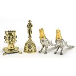 Metalware including bronze Napoleon bell and pair of Canadian salt and pepper cellars, the largest