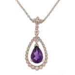 18ct white gold diamond and amethyst tear drop pendant on an 18ct white gold necklace, 2.8cm high