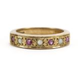 9ct gold ruby and opal half eternity ring, size M, 4.1g