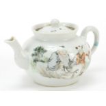 Chinese porcelain teapot hand painted in the famille rose palette with figures, calligraphy to the
