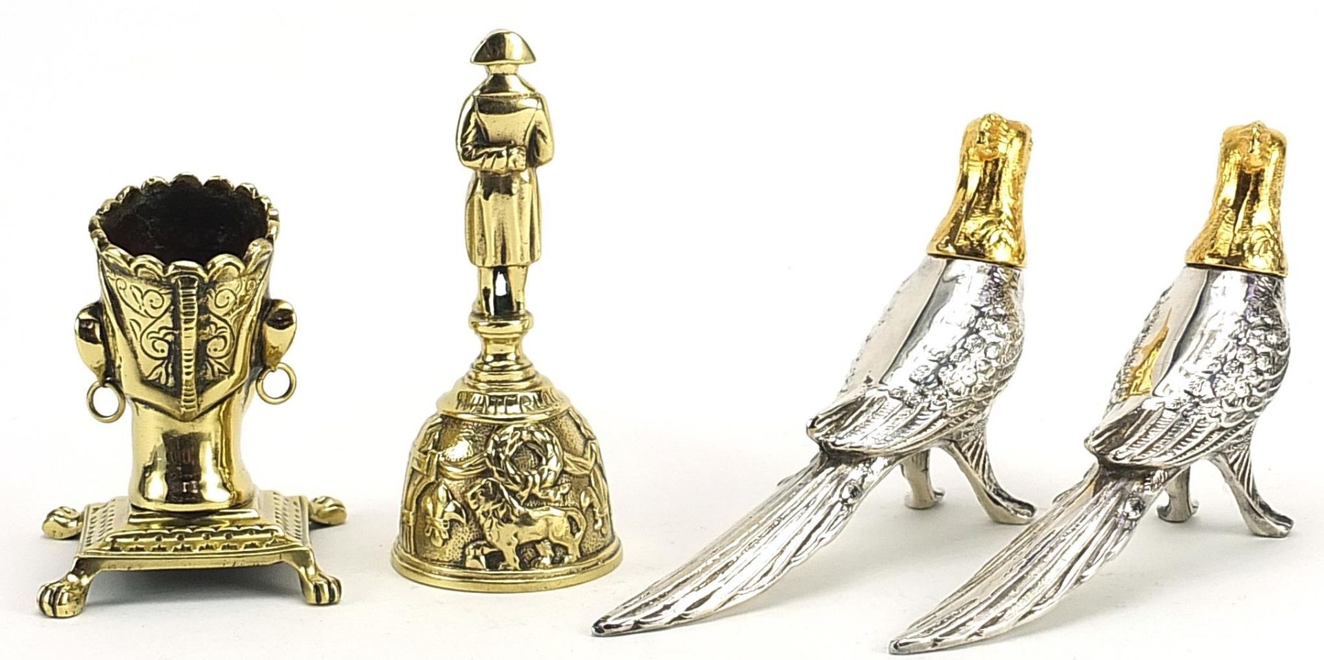Metalware including bronze Napoleon bell and pair of Canadian salt and pepper cellars, the largest - Image 2 of 4