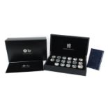Seventeen Elizabeth II silver proof coins commemorating London 2012 Olympics arranged in a fitted