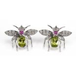 Pair of 18ct white gold fly design stud earrings set with oval peridot, cabochon ruby and