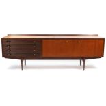 Mid century teak sideboard with four drawers and a pair of cupboard doors, 80cm H x 229cm W x 51cm D