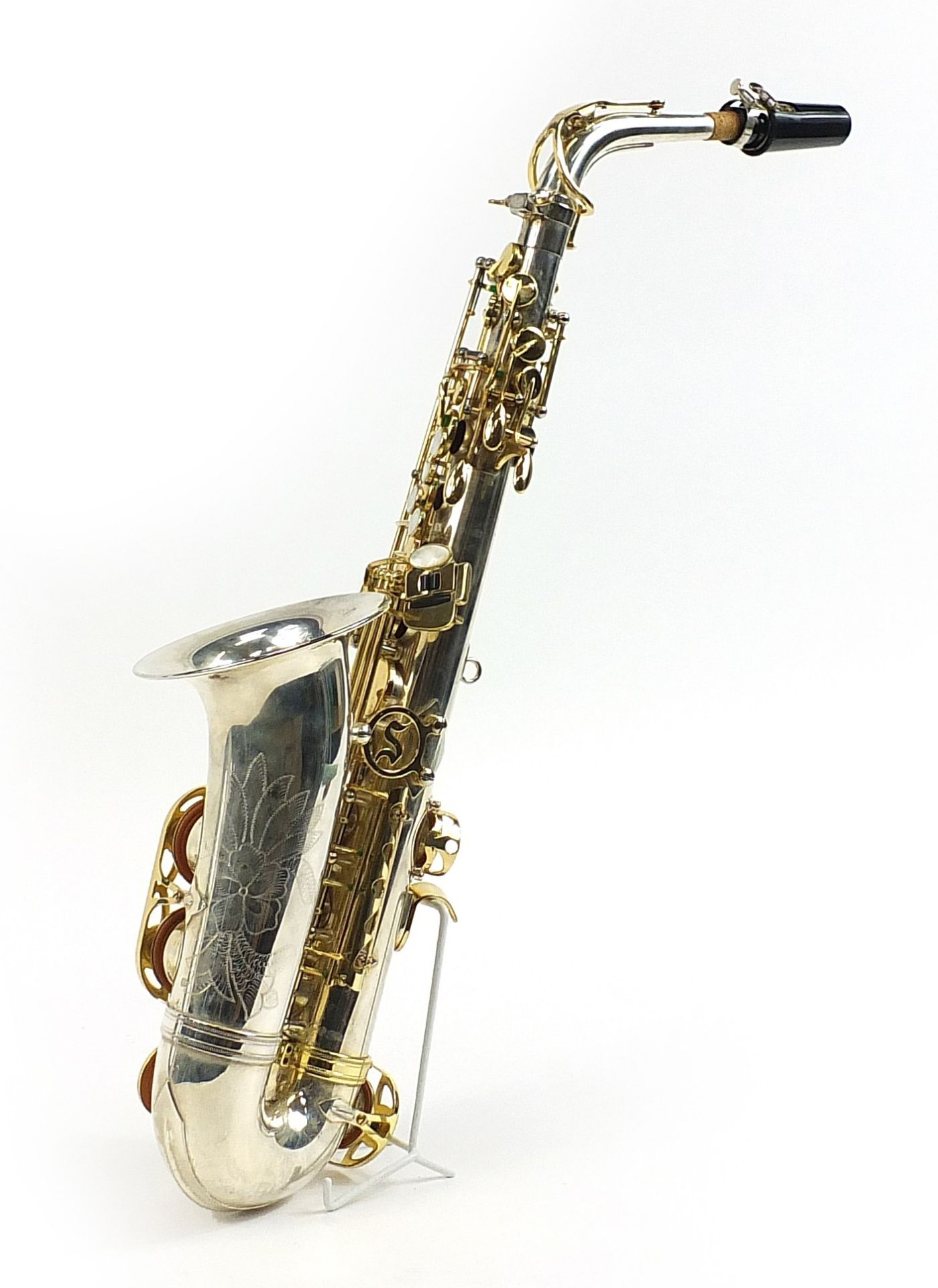 Liberty by Selmer chrome plated and brass alto saxophone with protective carry case and stand,