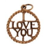 9ct gold I love you charm, 1.9cm high, 1.1g