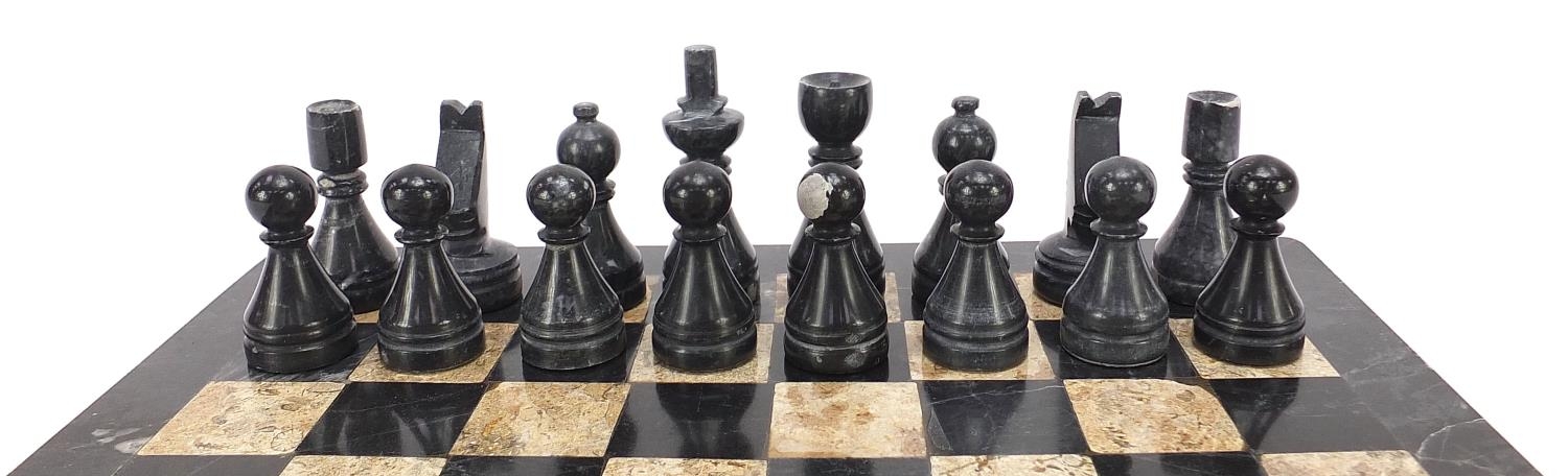 Carved stone chess set with inlaid marble board, the largest pieces each 6.5cm high, the board - Image 2 of 7