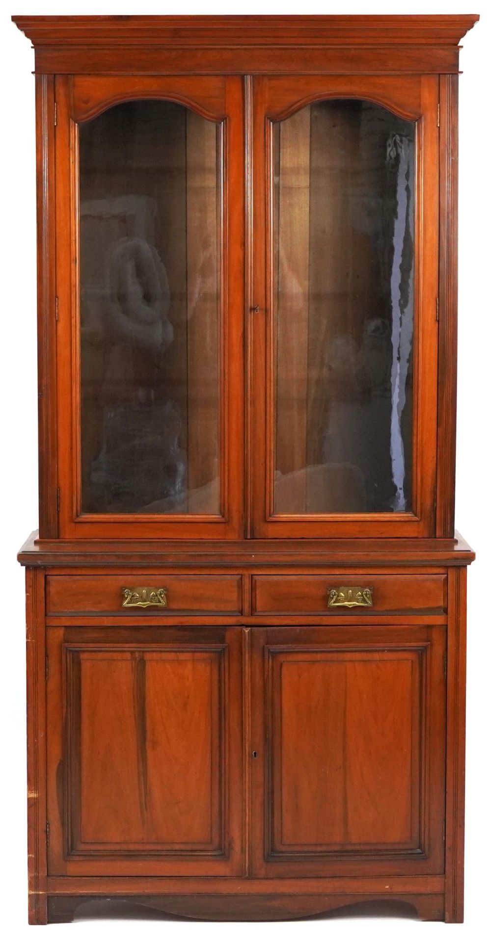 Edwardian mahogany bookcase with pair of glazed doors above pair of drawers and pair of cupboard